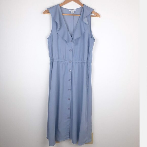 Ruffle Front Chambray Dress Size 10. Blue Midi Frilly Feminine Sun London Times - Picture 3 of 16